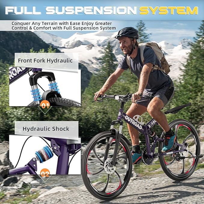 26 Inch Folding Mountain Bike with High Carbon Steel, 21 Speed City Bike with Dual Suspension, Folding Bicycle for Adults Men and Women