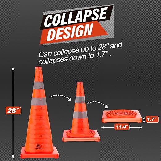 RoadHero 28 Inch 2 Pack Collapsible Traffic Safety Cones, Multi Purpose Pop-up Cones with Reflective Collar for Road Safety, Orange Cones for Driving Training, Parking Lots