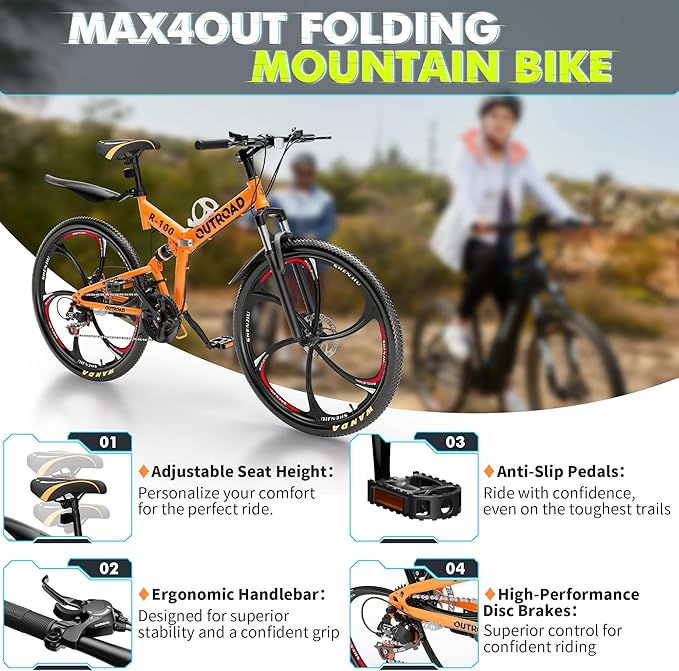 26 inch Folding Mountain Bike, Carbon Steel Frame and 21 Speed, Double Disc Brake and Dual Suspension Folding Bike for Adults/Men/Women, Easy Assembly Bicycle(Black/Green/Orange)
