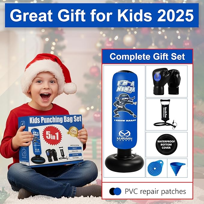 Marwan Sports 5-in-1 Inflatable Punching Bag for Kids – 63" Karate Toy Set with Boxing Gloves, Durable Fast Rebound, Active Play, Stress Relief Christmas/Birthday Gift for Boys & Girls Ages 4-12