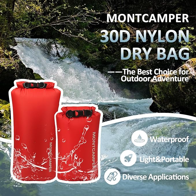 2-pack 30D Nylon Waterproof Dry Bag-Portable Storage Sack for Kayaking, Hiking and Rafting-Roll Top Closure-Float on Water(5L/20L,Red)