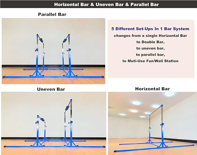 MARFULA Gymnastics Double Horizontal Bars 3Play Parallel Bars Uneven Bars Gymnastics Training Kip Bar with 304 Stainless Steel Regulating Arms & Fiberglass Rail for Indoor Outdoor Home Club Use