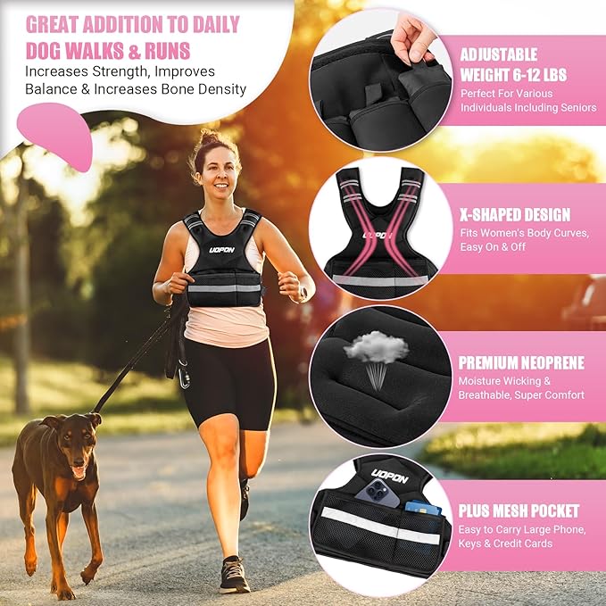 Adjustable Weighted Vest for Women, 6-12 Lbs Rucking Vest with 6 Ironsand Weights, Great Weighted Vest with Plus Pockets & Reflective Strips for Running, Walking, Workout and Strength Training