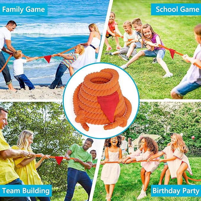 X XBEN Tug of War Rope with Flag for Kids 40FT, Teens and Adults, Soft Cotton Rope Games for Team Building Activities, Family Reunion, Birthday Party Orange