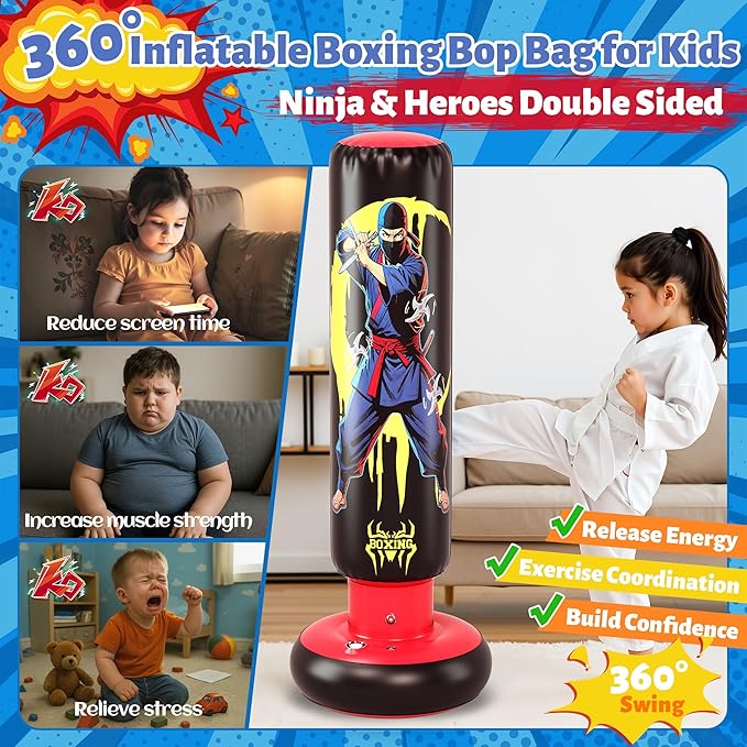 66-Inch Inflatable Kids Punching Bag, Ninja & Hero Double-Sided Boxing Bag for Boys & Girls Ages 3-12, Durable Bounce-Back Karate Training Toy with Gloves, Birthday for Kids Active Play