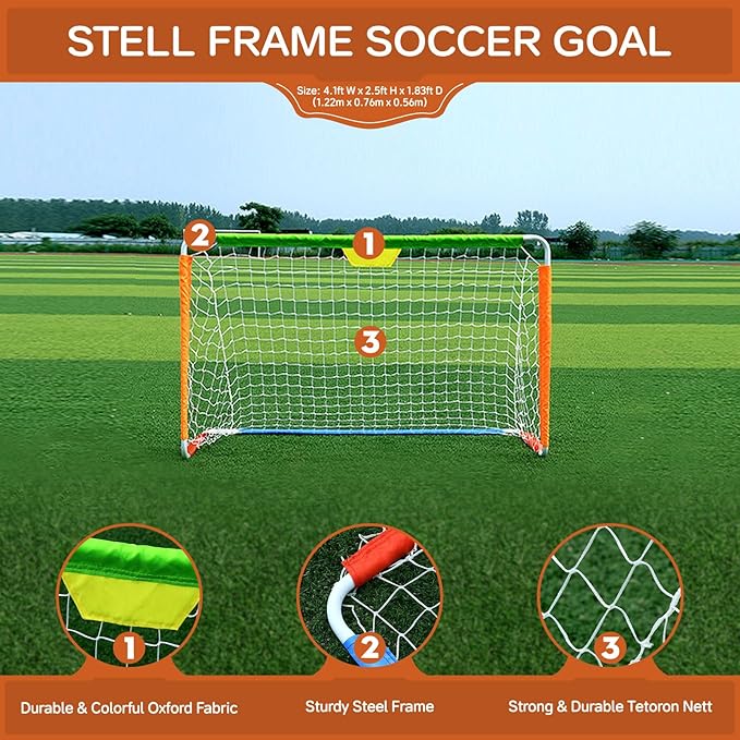 Kids Soccer Goal, Steel Frame Soccer Goal for Backyard - Portable Soccer Net for Kids with Size 2 PU Leather Soccer Ball and Air Pump, Soccer Gifts for Boys Girls