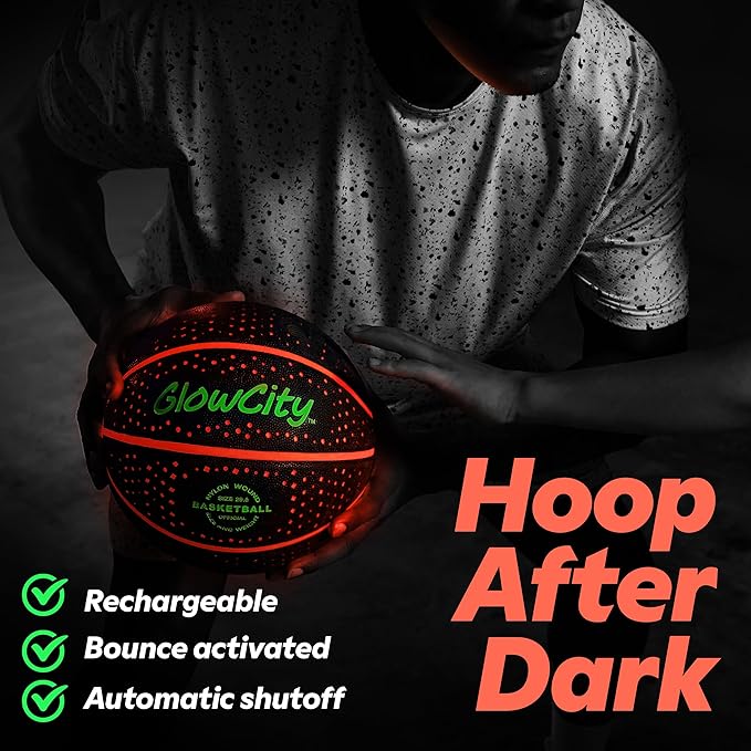 GlowCity Glow in The Dark Basketball - Sizes 5, 6, 7 Light Up Ball for Kids, Teens & Adults - Red Glow for Outdoor Games - Sports Birthday Gifts Ideas for Boys Ages 6 7 8 9 10 11 12 13 14
