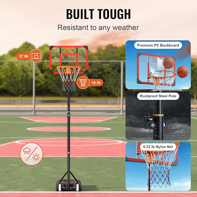 VEVOR Basketball Hoop/Rim, Adjustable Height Portable Backboard Court, Basketball Goal, Mobile Stand with Wheels Weighted Base, Youth&Adults, Outdoor/Indoor