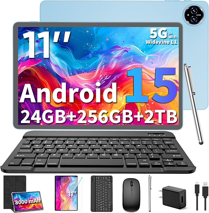 Android 15 Tablet, 2025 Upgraded 11 inch Android Tablets with Keyboard, 24GB+256GB+2TB Expand, Support Face Unlock+18W Fast Charging, Octa-Core CPU,Dual WiFi, Dual Camera,8000mAh Battery, Black