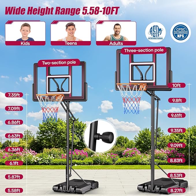 Asbest 44" Portable Basketball Hoop Outdoor | 5.5-10ft Stepless Adjustable Height Basketball Goal System for Driveway, Backyard, for All Ages