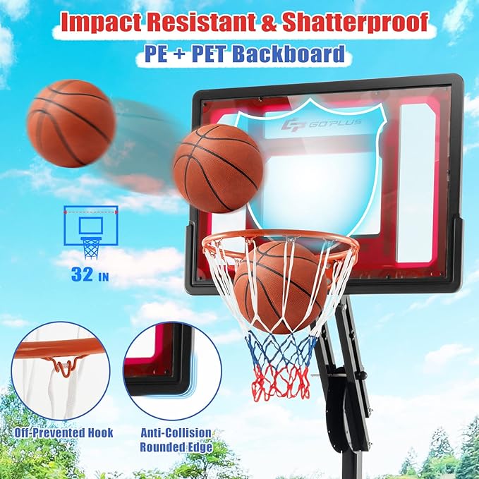 Goplus Portable Basketball Hoop Outdoor, 5FT-10FT Height Adjustable Basketball Stand System with Shatterproof Backboard, Weighted Bag, Indoor Outside Court Basketball Goal for Kids Youth