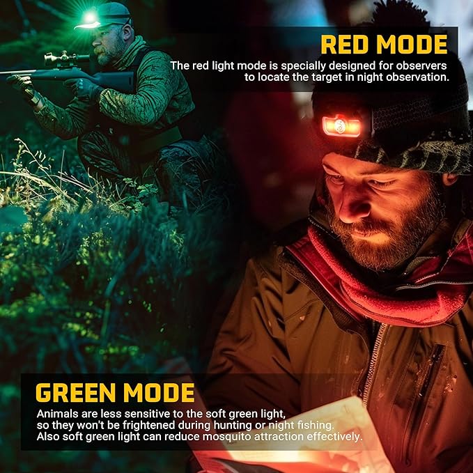 Headlamp Rechargeable 2 Pack, 1300 Lumen Ultra-Bright Head Lamp with Red Light, Waterproof Motion Sensor Head Lights for Forehead with White Green, 14 Modes Adjustable Headlight for Camping