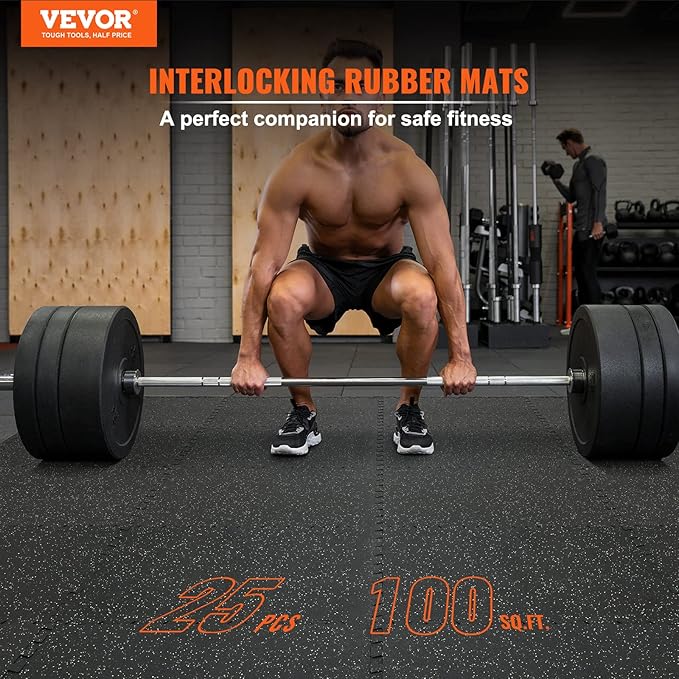 VEVOR 0.56 Inch Thick Gym Floor Mats, Rubber Top with EVA Foam, 25" x 25" Gym Flooring Workout Mats, Interlocking Puzzle Gym Mats for Gym, Home, Garage