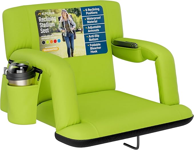 Alpcour Reclining Stadium Seat – Wide Bleacher Chair with Back Support and Cushion, Armrests, Side Pockets, and Bleachers Hook – Best Stadium Seats Chairs for Camping, Kayak, & Paddle Board Backs