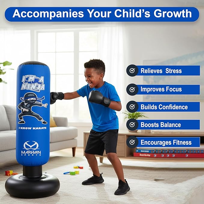 Marwan Sports 5-in-1 Inflatable Punching Bag for Kids – 63" Karate Toy Set with Boxing Gloves, Durable Fast Rebound, Active Play, Stress Relief Christmas/Birthday Gift for Boys & Girls Ages 4-12