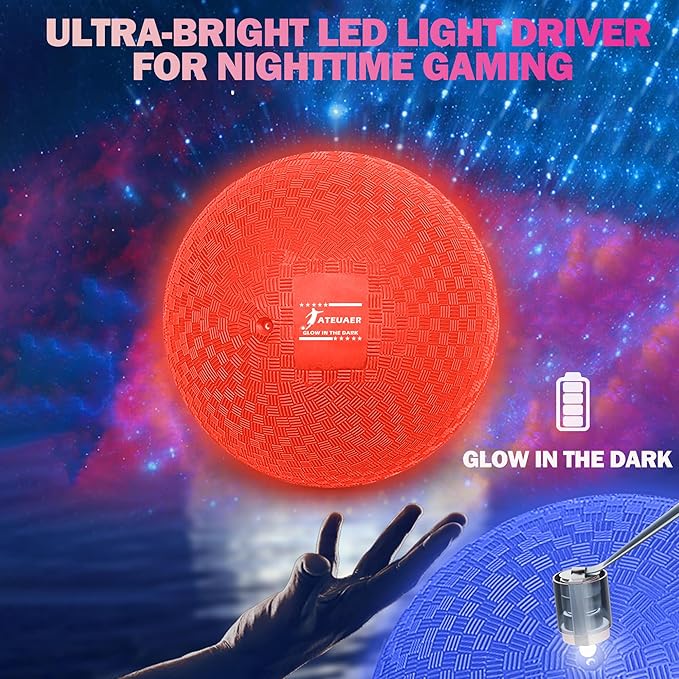 8.5 Inch Light up Kickball Set, Dodgeballs 2 Pack, Playground Balls Gift for Kids, Glow Bouncy Balls Includes Pump and Storage Bag, Handball for Night, Glow in The Dark Party Supplies