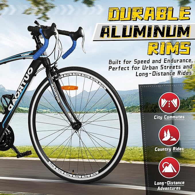 700C Wheel Road Commuter Bike, 14/21 Speed Shifter, Dual Disc Brakes Racing Bicycle with Light Aluminum Alloy Frame for Adult Men and Women