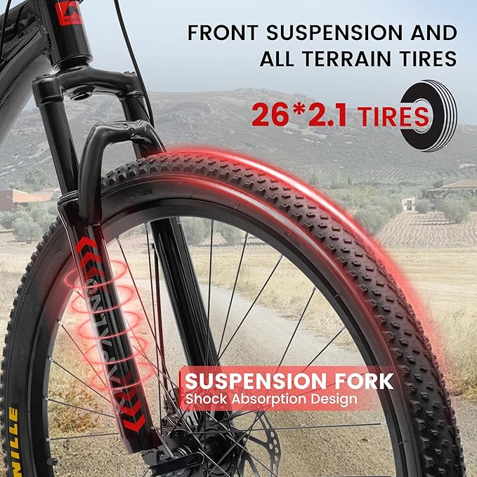 Mountain Bike 24 26 Inch, 21 Speeds Aluminum Frame/High-Carbon Steel Frame, Front Suspension Boys Girls Sport Bike, Adult Teens Bicycle for City Commuters, Summer Ride and Short Trip Camping