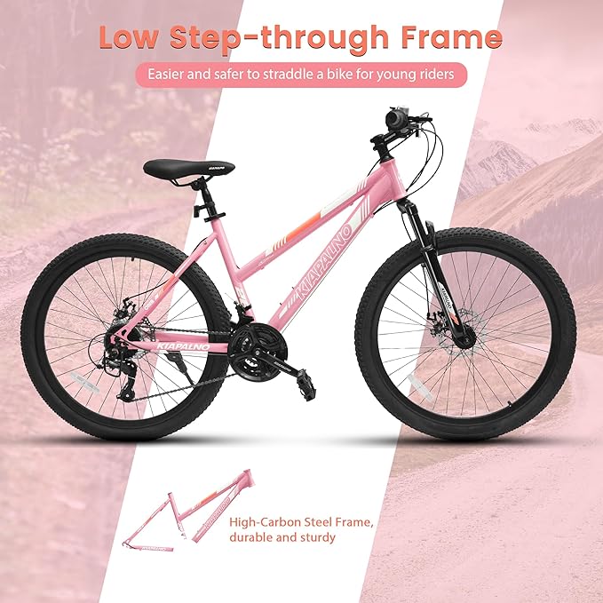24 26 Inch Women Girls Mountain Bike, Disc/V Brakes 21 Speeds Women Bike, Sturdy Steel Frame and Suspension Fork, Stylish Adult and Teens Bicycle for Urban Trail Snow Commuter