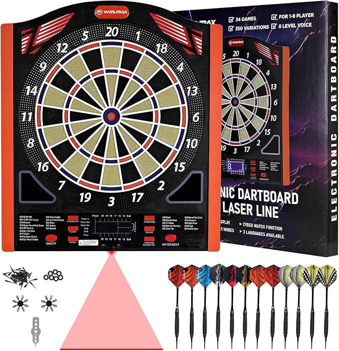 Electronic Dart Board Set, Illuminated Electronic Soft Tip Dartboard with LED Sidelamp, Laser Toe Line, 34 Games with 350 Variations Digital Dartboard Set, up to 8 Players, 5 Levels, Batteries/Adapter
