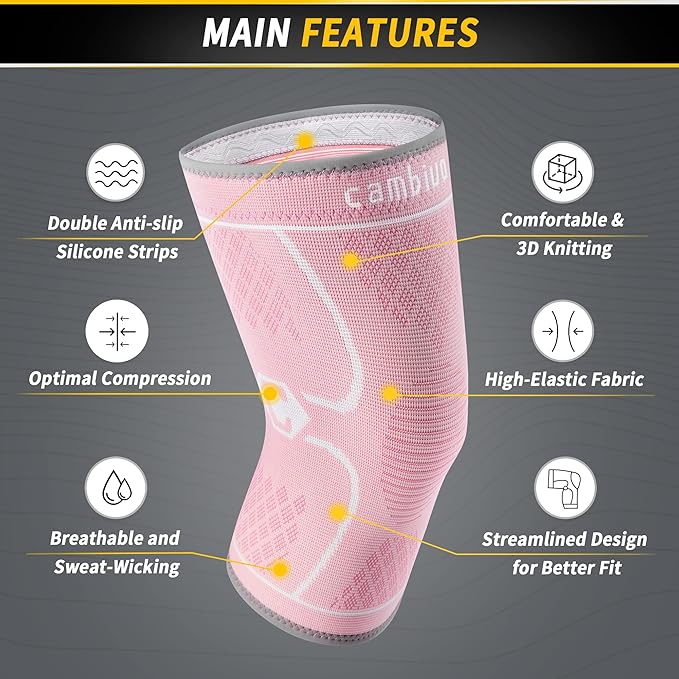 CAMBIVO 2 Pack Knee Brace, Knee Compression Sleeve for Men and Women, Knee Support for Running, Workout, Gym, Hiking, Sports (Rose,Medium)