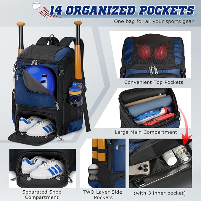RAINSMORE Baseball Backpack, Lightweight Softball Bag with Shoe Compartment Baseball Bag for Youth & Adult Softball Bat Bag with Fence Hook Helmet Holder Sports Backpack for T-Ball