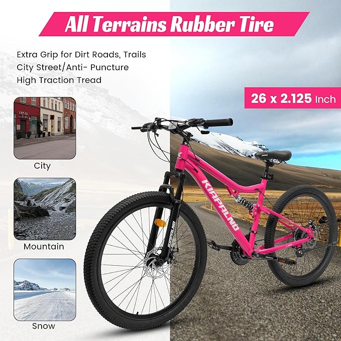 26 Inch Mountain Bike Dual Suspension for Mens Boys, 21 Speeds Steel Women Girls Mountain Bike Summer Travel Trip, Disc Brakes Adult Teens Sport Men Women Bicycle for Trail Commuter City Road