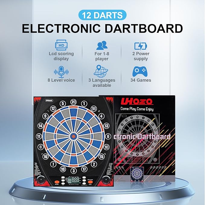Electronic Dartboard, Dual Speakers with Automatic Voice Announcing Score, High Definition LCD Display, Includes 12 Soft Tip Darts, Suitable for Family Gatherings Bar Entertainment