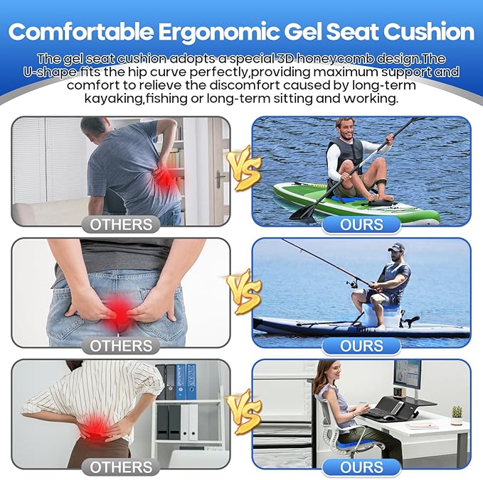 Anti Slip Kayak Gel Seat Cushion with Cover, Waterproof Seat Cushion Kayak Seat Pad for Sit in Inflatable Kayak, Canoe & Boat Fishing, Rowing, Lifetime Kayak Accessories,Office (Blue)
