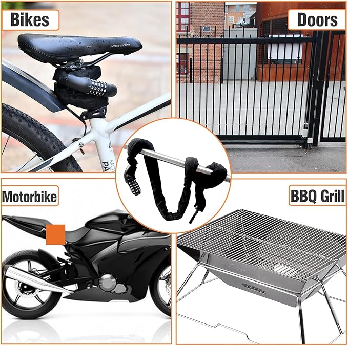 Bike Chain Lock 5 Digit Combination, Heavy Duty 4ft Resettable Anti-Theft Bicycle Chain Lock with Protective Sleeve & Dust Cover for Adult Bikes, E-Bikes, Scooters, Motorcycle, Gates & Fences