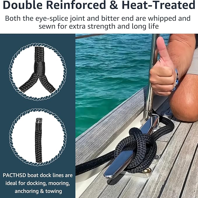 2 Pack 5/8" x 30' Dock Lines - Marine Grade Nylon Boat Rope with 15" Loop for Docking and Mooring - Double Braided Boat Lines, High Strength, Easy Handling, Fray Resistant - Black