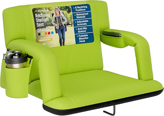 Alpcour Reclining Stadium Seat – Wide Bleacher Chair with Back Support and Cushion, Armrests, Side Pockets, and Bleachers Hook – Best Stadium Seats Chairs for Camping, Kayak, & Paddle Board Backs
