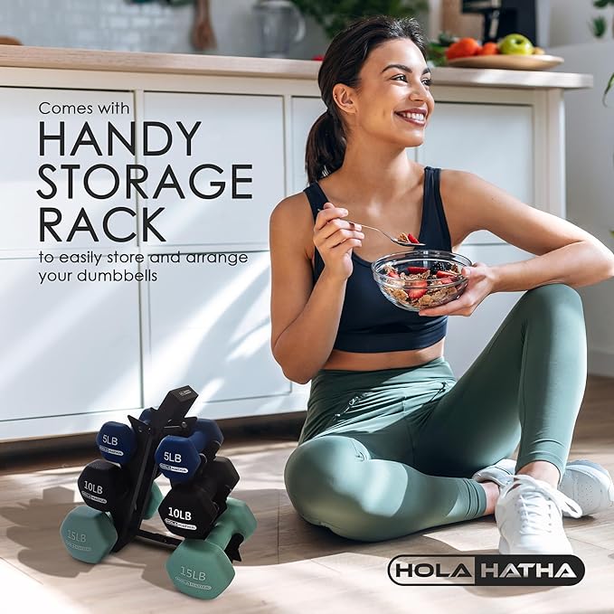 HolaHatha 2, 3, 5, 8, and 10 Pound Neoprene Dumbbell Free Hand Weight Set with Rack, Ideal for Home Exercises to Gain Tone and Definition, Pastel