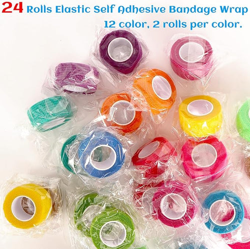 24 Rolls Elastic Self Adhesive Bandage Wrap 1 Inch, Breathable Non Woven Cohesive Bandage, Vet Wrap for Dogs, Ankle Sprains Swelling Medical First Aid Tape, Sports Athletic Tape Color