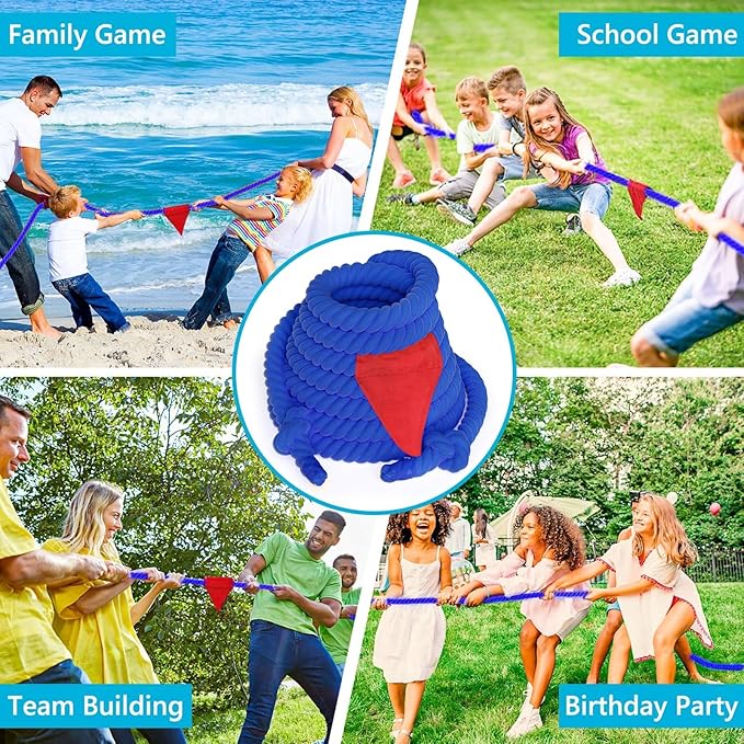 Tug of a War Rope for Kids and Adult, 25FT Tag o War Ropes with Flag for Outdoor, Outside Carnival, Lawn, Field, Team Building Game, Safety Cord for School and Church, Blue