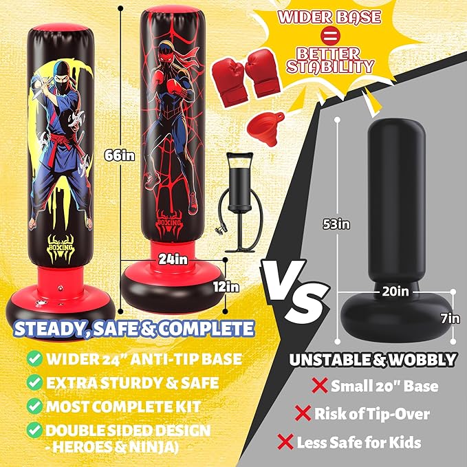 66-Inch Inflatable Kids Punching Bag, Ninja & Hero Double-Sided Boxing Bag for Boys & Girls Ages 3-12, Durable Bounce-Back Karate Training Toy with Gloves, Birthday for Kids Active Play