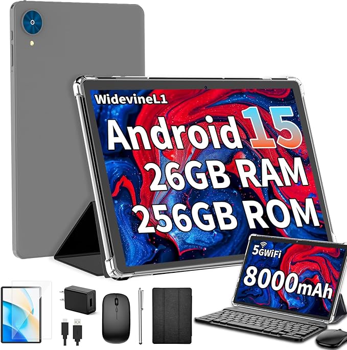 Android 15 Tablet with Keyboard, 26GB+256GB(2TB Expand), 10.1 Inch Tablet 8000 mAh Battery, BT 5.0, 5G WiFi, Widevine L1, Dual Camera, 2 in 1 Tab with Mouse, Case, Stylus(Black Case)