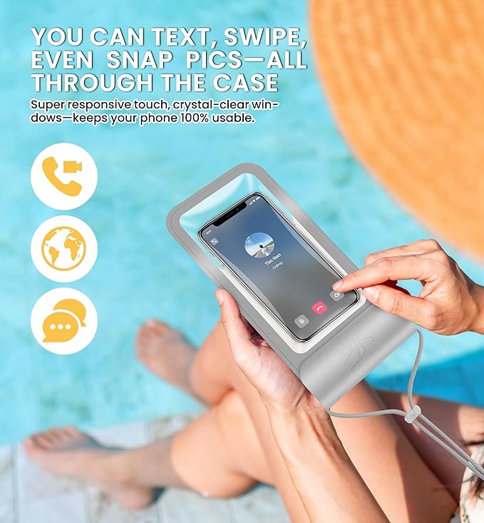 HiRui Universal Waterproof Phone Pouch with Touch Screen, IP68 Waterproof Phone Case Dry Bag for Beach, Compatible with iPhone 16/15/14/13/12/XR/SE, Samsung Galaxy, Fits up to 6.1" (Silver, Large)