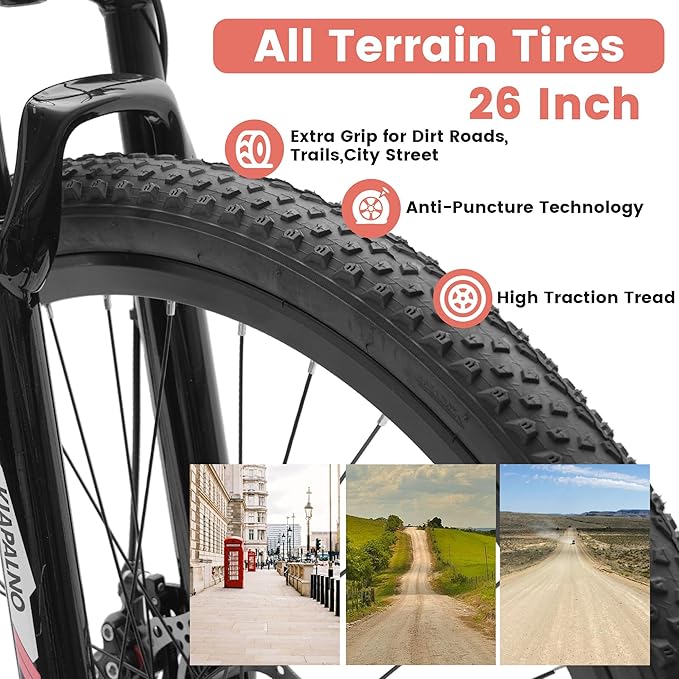 24 26 Inch Women Girls Mountain Bike, Disc/V Brakes 21 Speeds Women Bike, Sturdy Steel Frame and Suspension Fork, Stylish Adult and Teens Bicycle for Urban Trail Snow Commuter