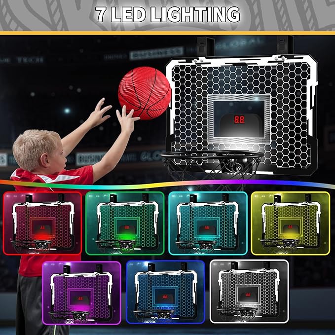 QDRAGON Indoor Basketball Hoop for Kids, Over The Door Mini Basketball Hoops with 7 LED Lighting, Basketball Toys Gifts for 5 6 7 8 9 10 11 12 Year Old Boys Girls Teens, White