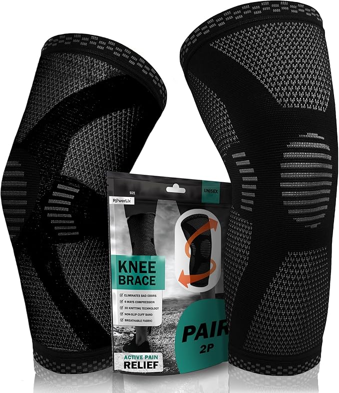 POWERLIX Knee Compression Sleeve (Pair) - Best Knee Brace for Knee Pain for Men & Women – Knee Support for Running, Basketball, Volleyball, Weightlifting, Gym, Workout, Sports - (Black XXL)