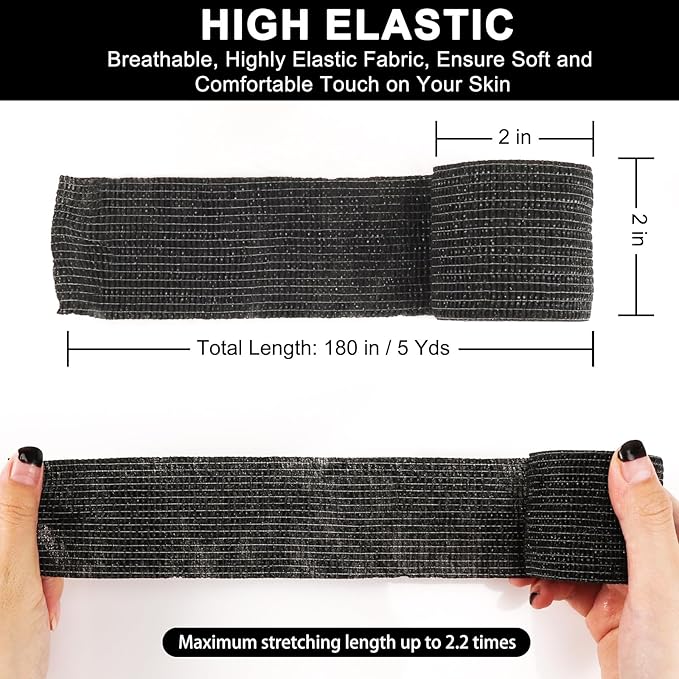 48 Pack Self Adhesive Bandage Wrap, 2” x 5 Yards Cohesive Medical Tape Elastic Grip Tape Black Sports Tape Athletic for Ankle, Wrist Sprains, Pet First Aid (Black)