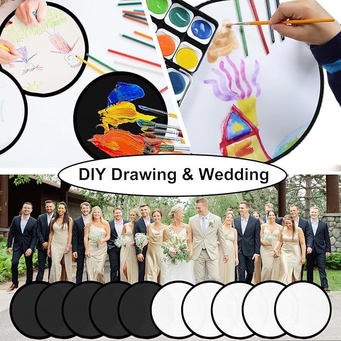 1PC Foldable Flying Disc Fans with Bags, 9.8'' DIY Handheld Black Egde Fabric Folding Fan for Outdoor Game Activities Birthday Party Favors End of Year Student Gifts, White