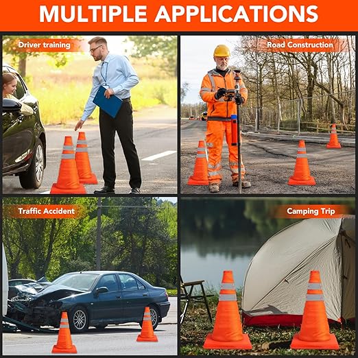 [10 Pack]18 Inch Collapsible Traffic Safety Cones - Parking Cones with Reflective Collars, Orange Safety Cones for Parking lot, Driveway, Driving Training etc