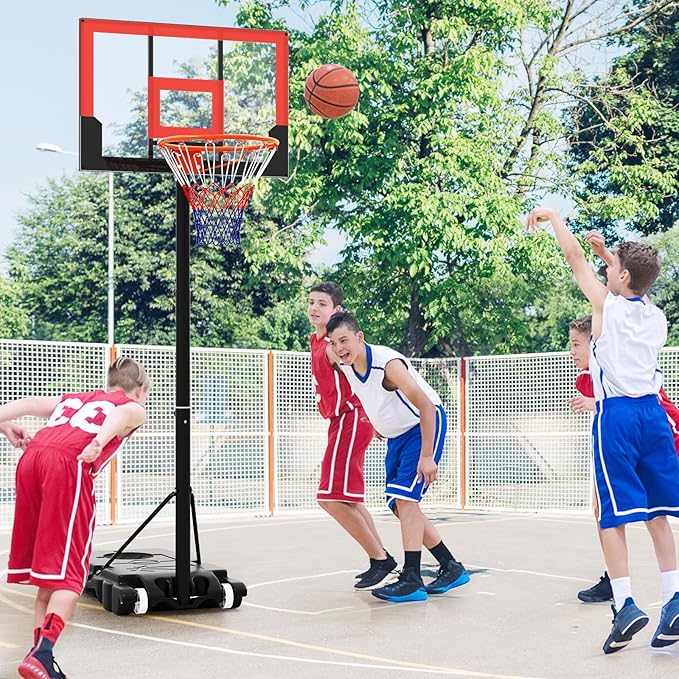 GYMAX Basketball Hoop Outdoor, 3.3-7/10 FT Adjustable Portable Basketball Goal with Wheels, PC Backboard, Fillable Base for Kids, Youth & Adults in Backyard, Driveway, Pool