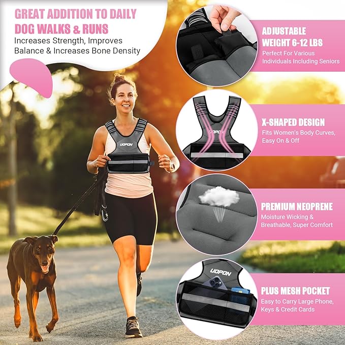 Adjustable Weighted Vest for Women, 6-12 Lbs Rucking Vest with 6 Ironsand Weights, Great Weighted Vest with Plus Pockets & Reflective Strips for Running, Walking, Workout and Strength Training