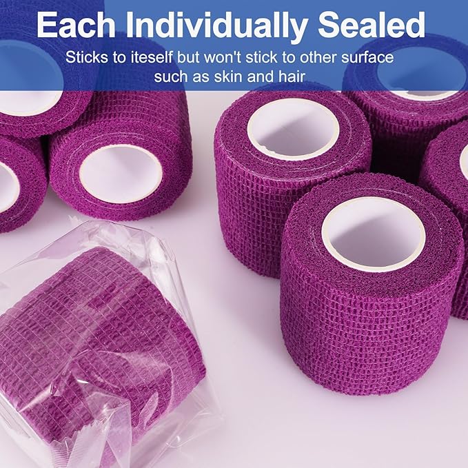 24 Pack 2 Inch x 5 Yards Self Adhesive Bandage Wrap, Elastic Cohesive Wrap 2 inch Vet Wrap Bandage Tape, Purple Grip Tape for Athletic, Sports, Wrist, Ankle Sprains