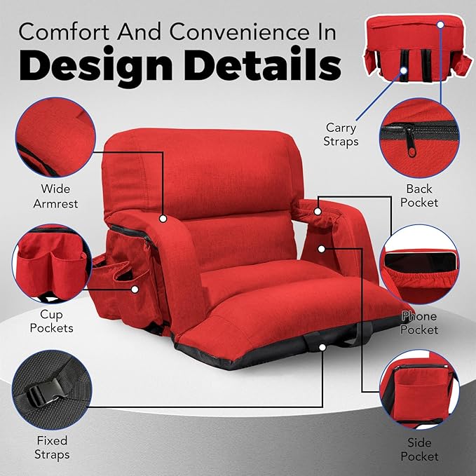 Wide Stadium Seats with Back Support, Exclusive Sofa Style Design Extra Thick Bleacher Chairs with Back and Cushion, 6 Reclining Positions - Ultimate Comfort for Sports Events (Red, 22.5")