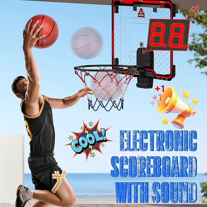 HopeRock Indoor Basketball Hoop for Kids, Over The Door Mini Basketball Hoops, with LED Light, Scoreboard, Birthday Toys Gifts for 5 6 7 8 9 10 11 12+ Year Old Boys