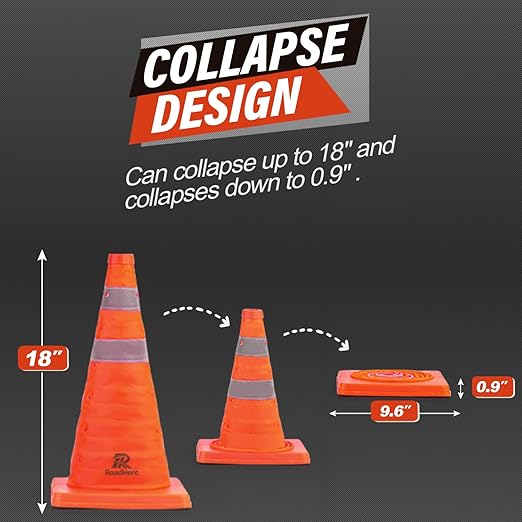 RoadHero 18 Inch 2 Pack Collapsible Traffic Safety Cones, Multi Purpose Pop-up Cones with Reflective Collar for Road Safety, Orange Cones for Driving Training, Parking Lots